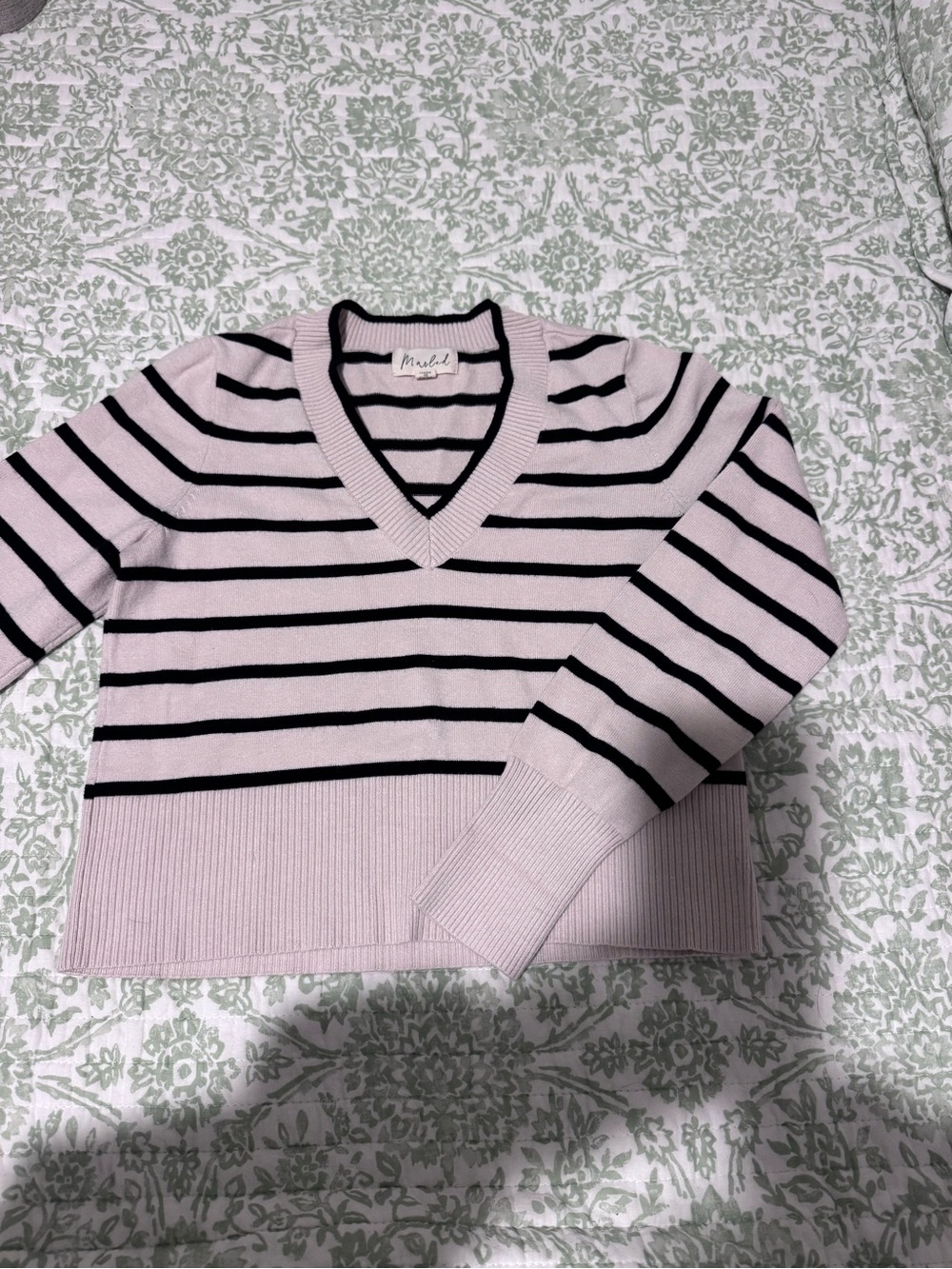 Marled Cream and Black Striped V-Neck Sweater